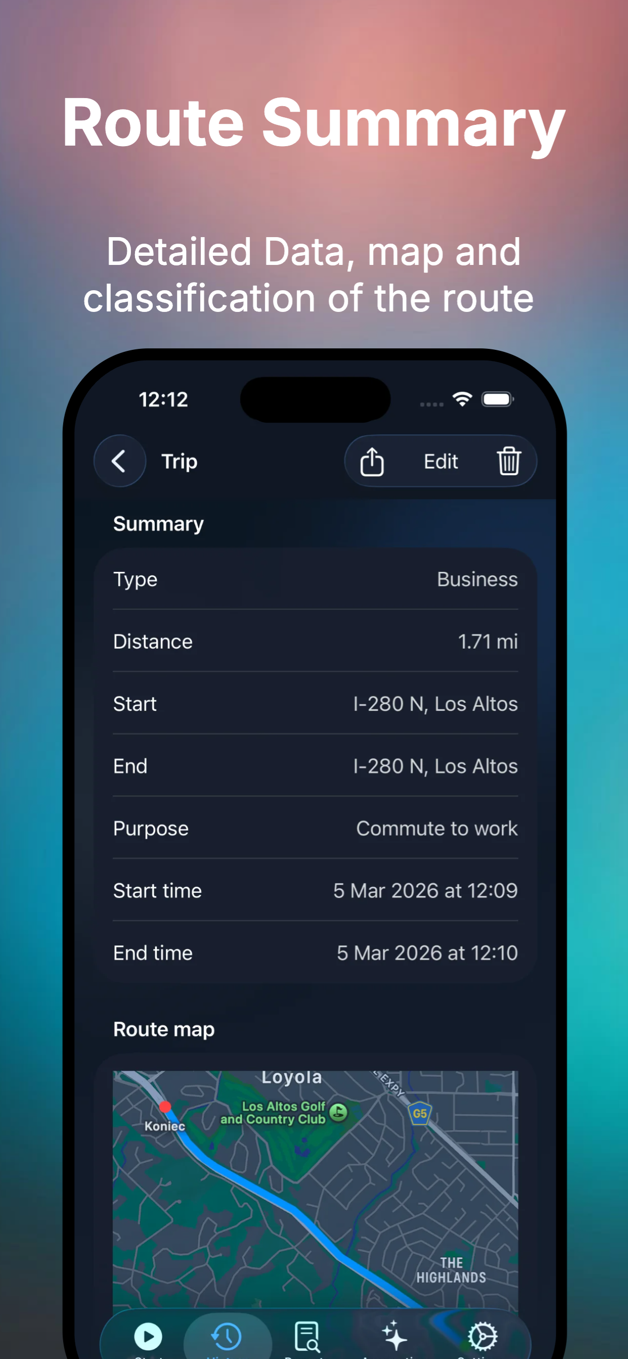 Resumen de ruta y detalles del trayecto